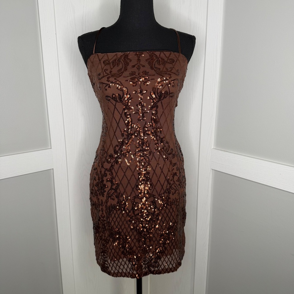 Crystal Sky Bodycon Dress Women Medium Brown Sequin Lace Up Back XUS18619T